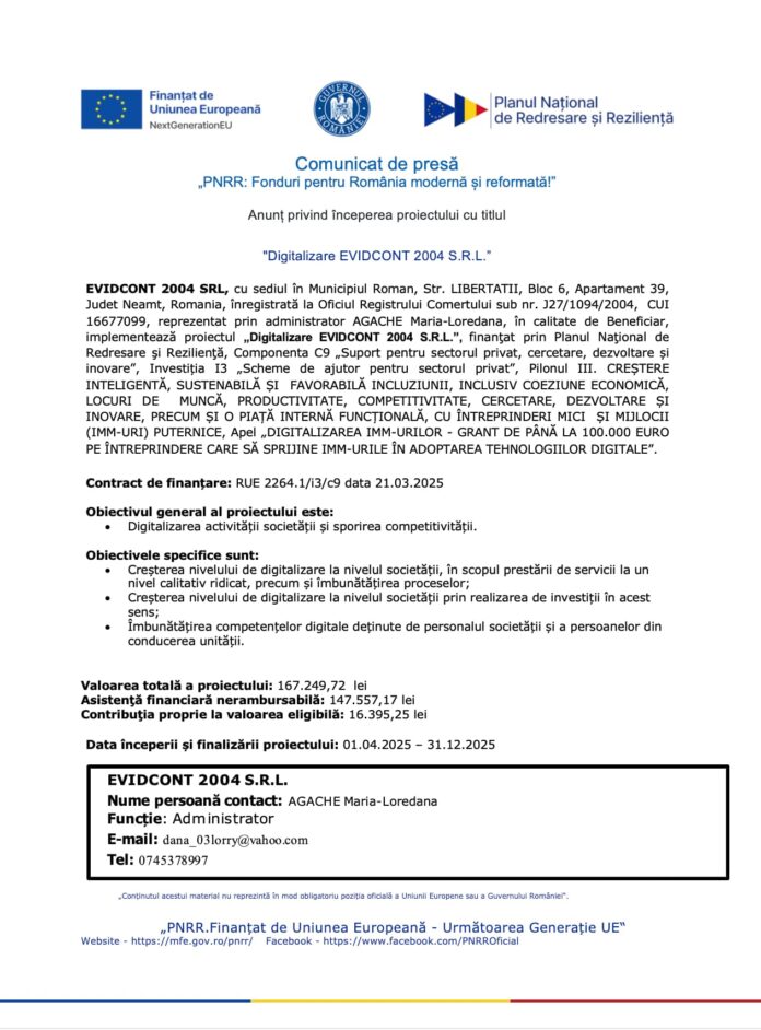Comunicat de Presa PNRR : Digitalizare EVIDCONT 2004 S.R.L.
